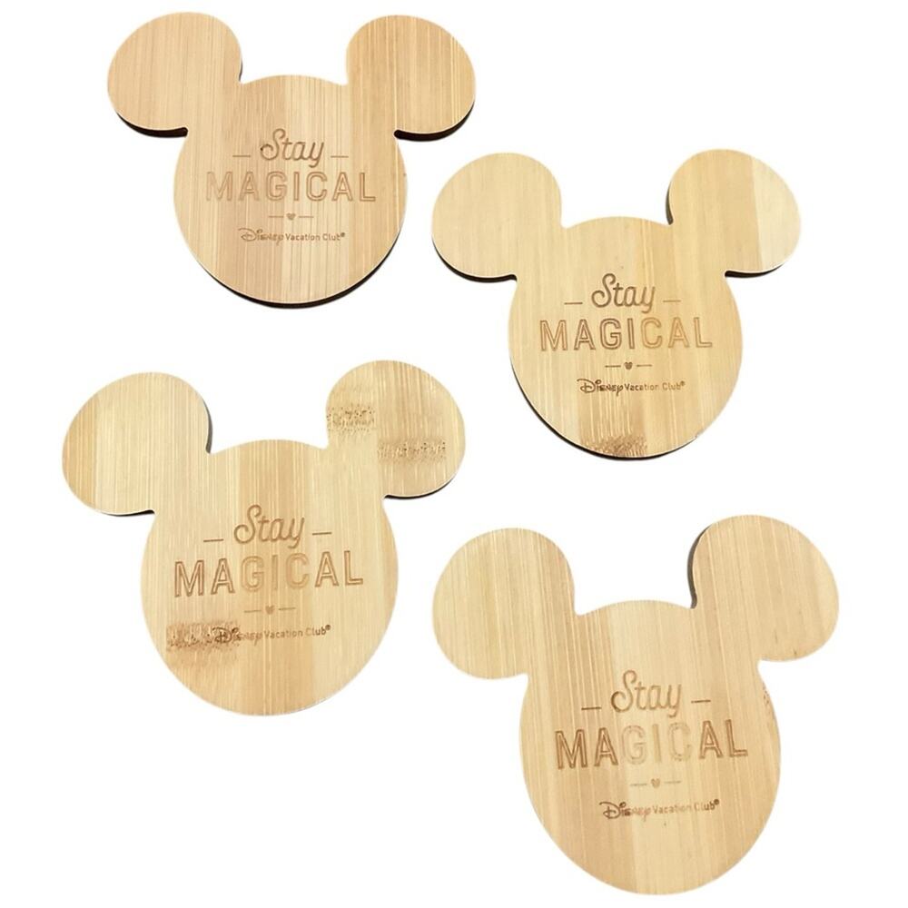 Disney Bamboo Mickey Mouse Coasters Natural Set of 4 NEW - Picture 1 of 12